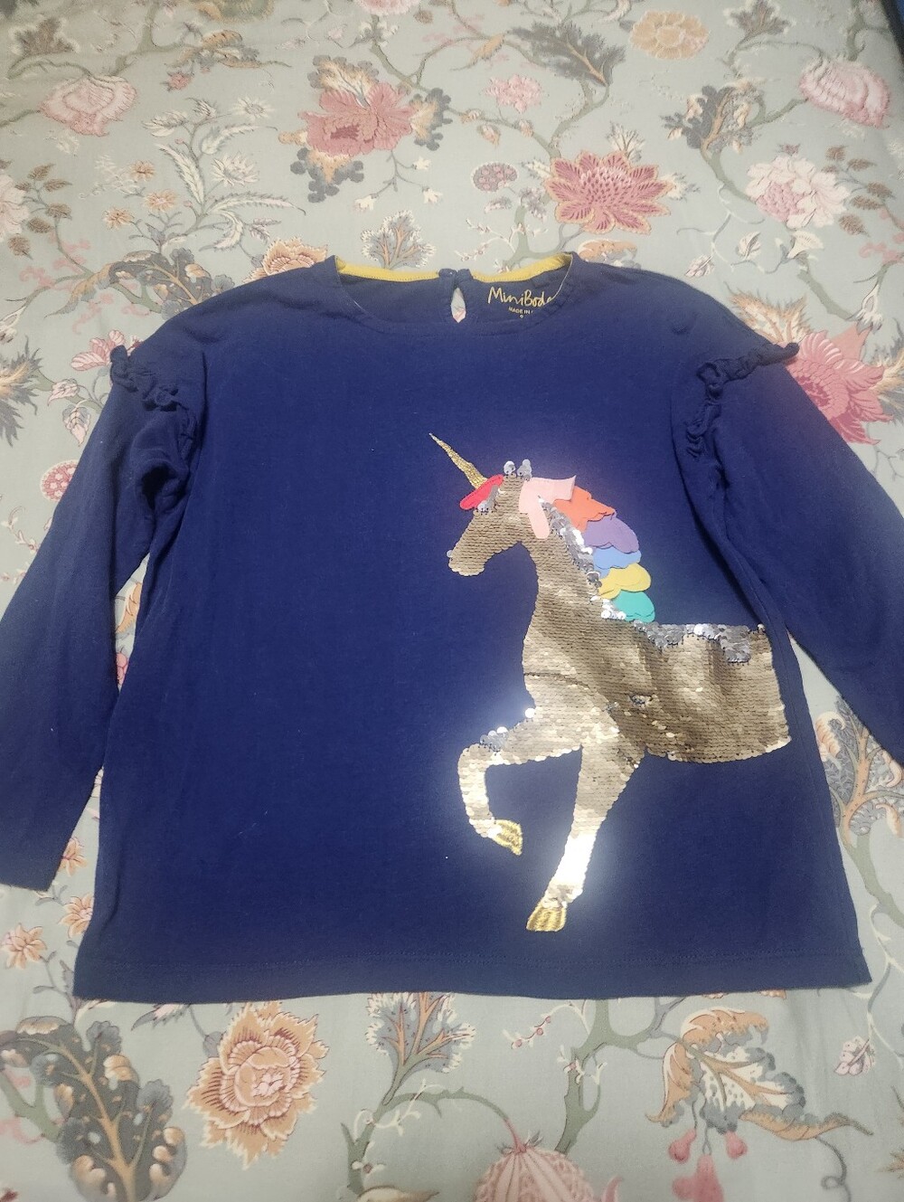 Mini Boden Sequin Unicorn Top Navy Size 9-10 Years
